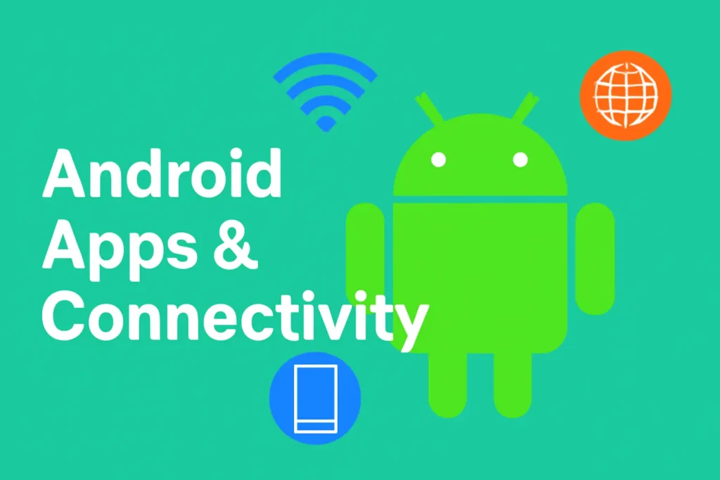 Android apps and connectivity - Featuring Android icon, Wi-Fi symbol, and mobile phone with global connectivity.
