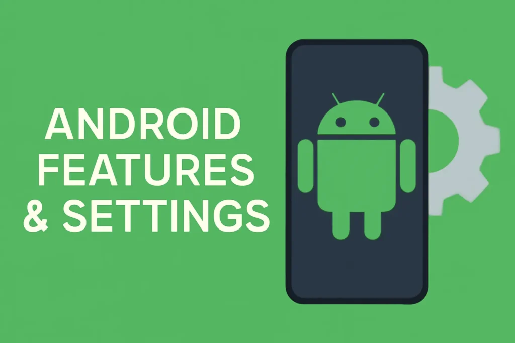 Android Features and Settings with Android robot icon and gear symbol on a green background