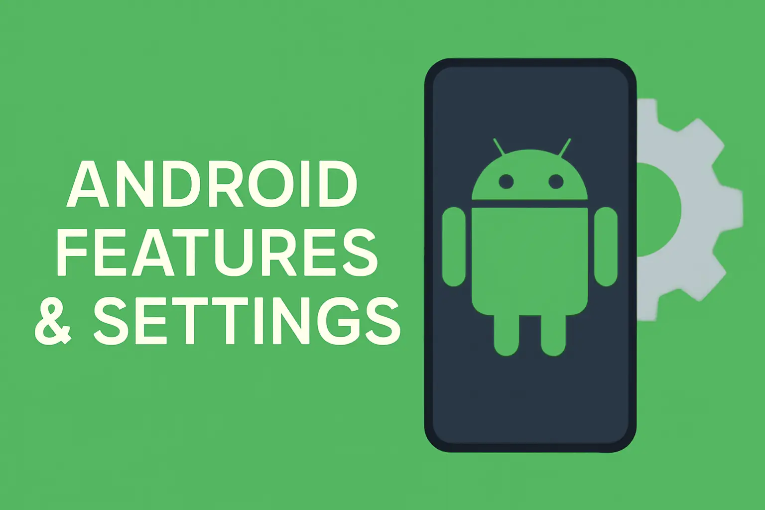 Android Features and Settings with Android robot icon and gear symbol on a green background