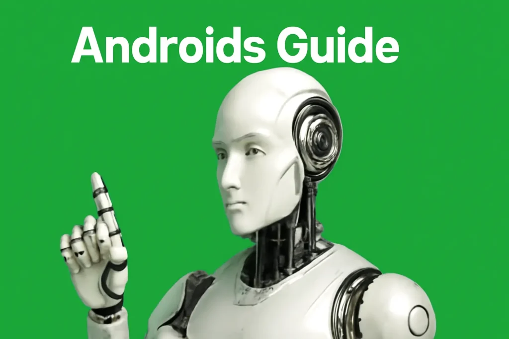 Futuristic humanoid android with a sleek design against a vibrant green background, showcasing the Androids Guide