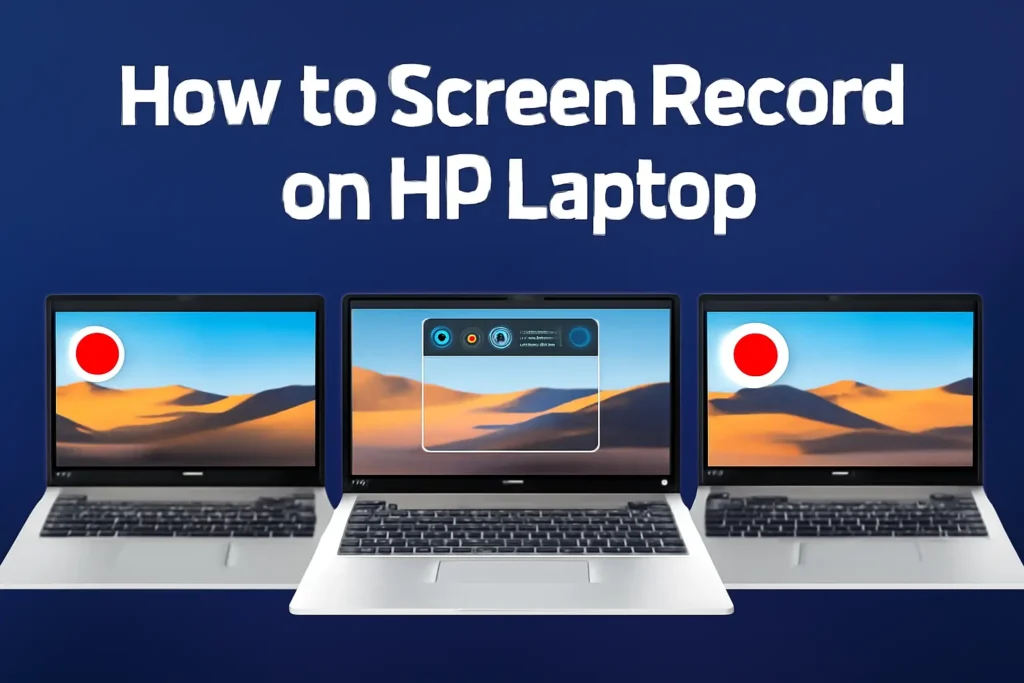 "How to Screen Record on HP Laptop" with an HP laptop showing a screen recording interface.