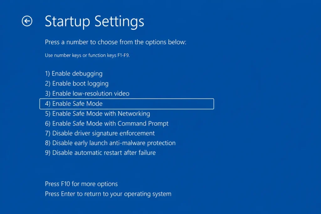 Windows Startup Settings screen showing Safe Mode boot option selection