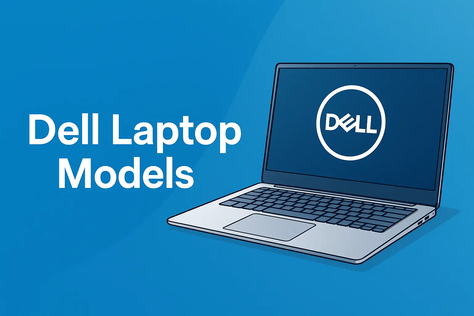 Illustration of a Dell laptop with the Dell logo displayed on the screen next to bold text reading ‘Dell Laptop Models’ on a blue background.