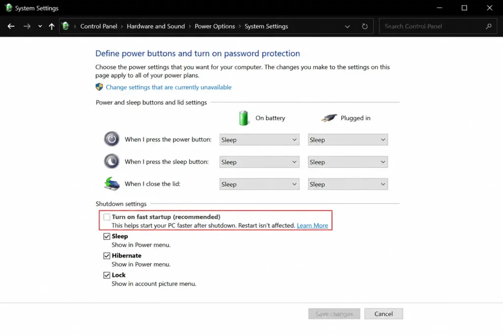 Windows Power Options screen with Fast Startup setting disabled