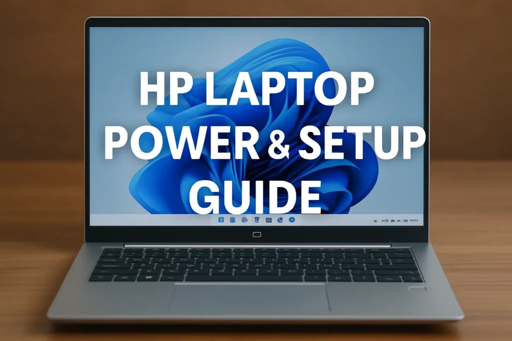 HP Laptop Power and Setup Guide showing power button, charger, and keyboard light controls on a modern HP device