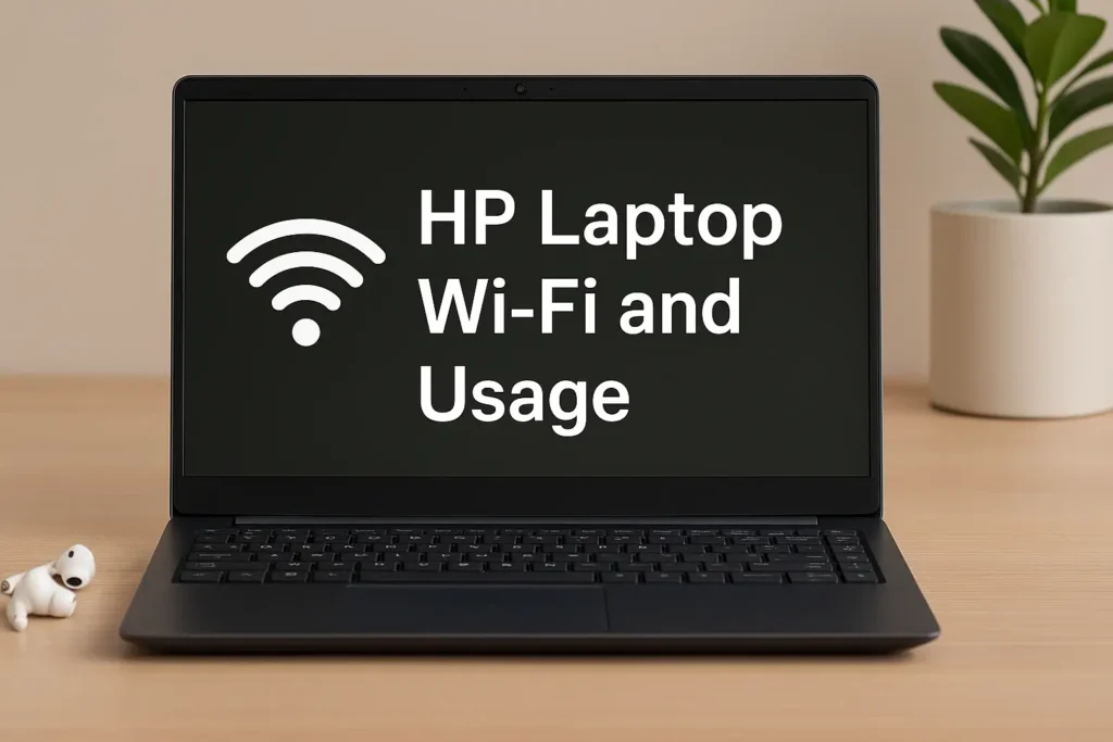 HP Laptop Wi-Fi and Usage guide showing easy steps and fast fixes for network, printing, gaming, and setup.