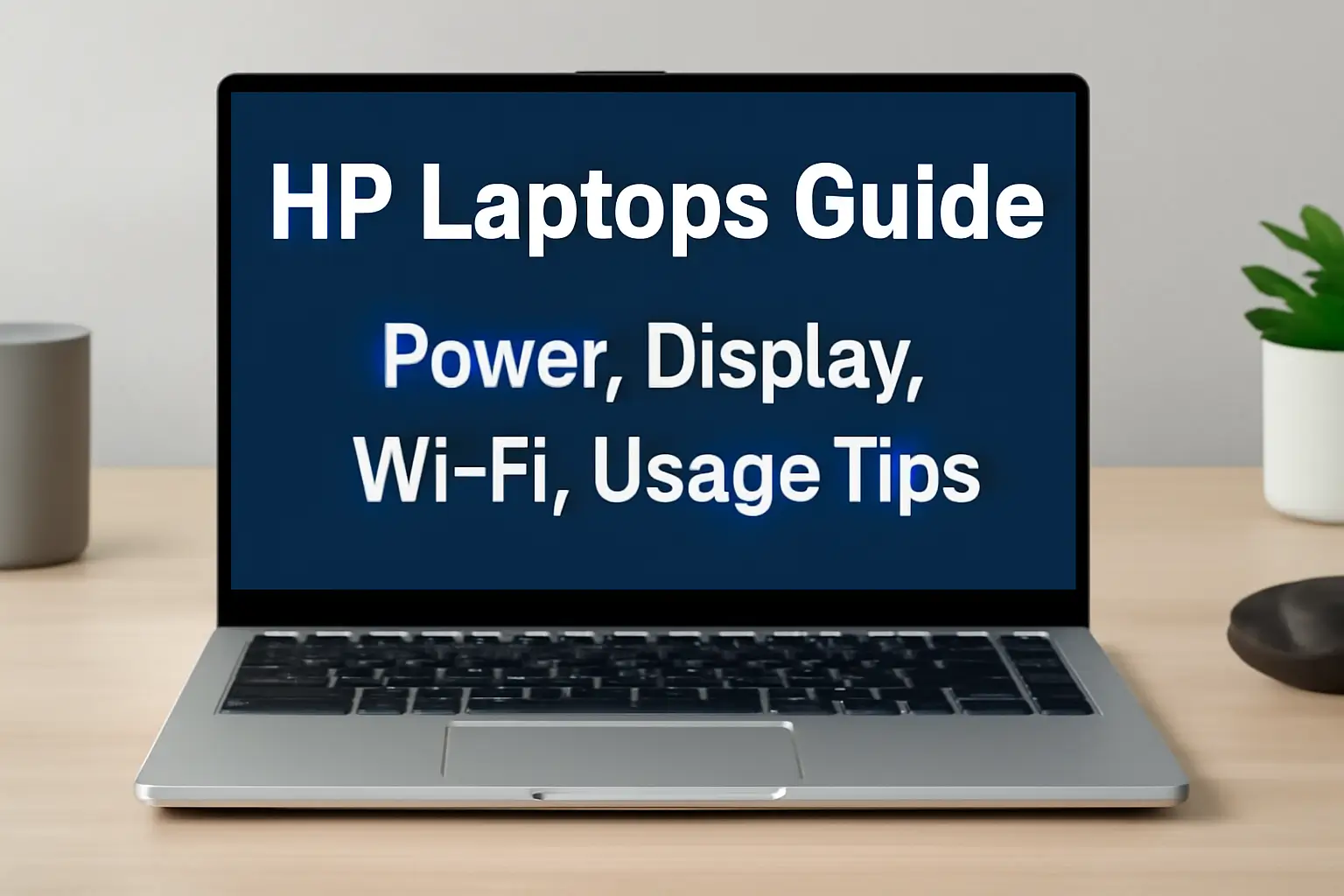 HP Laptops Guide showing step-by-step solutions for power, display, and Wi-Fi problems on HP laptops