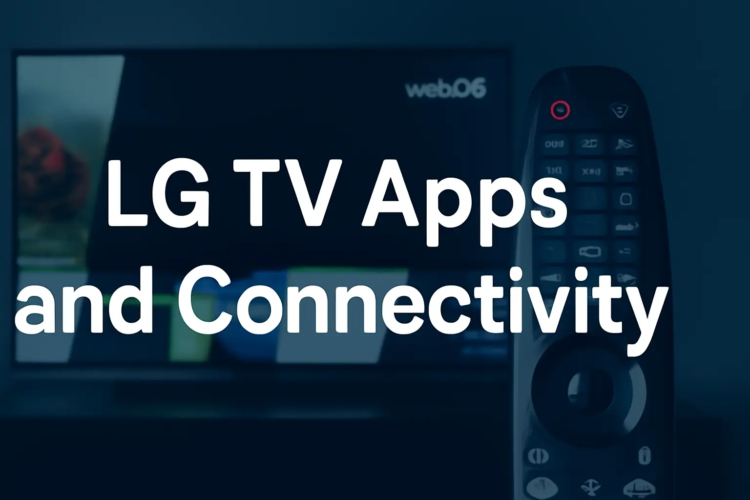 image showing LG TV Apps and Connectivity text over a horizontal banner with an LG TV screen displaying webOS apps and an LG Magic Remote beside it.