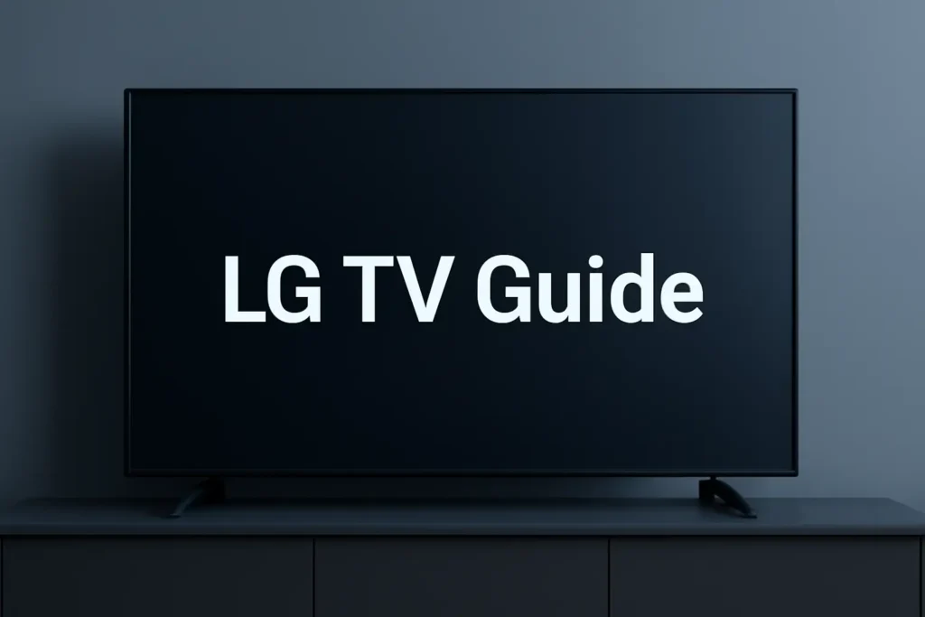 image showing a modern LG Smart TV with the text ‘LG TV Guide’ displayed at the center on a clean, minimal screen