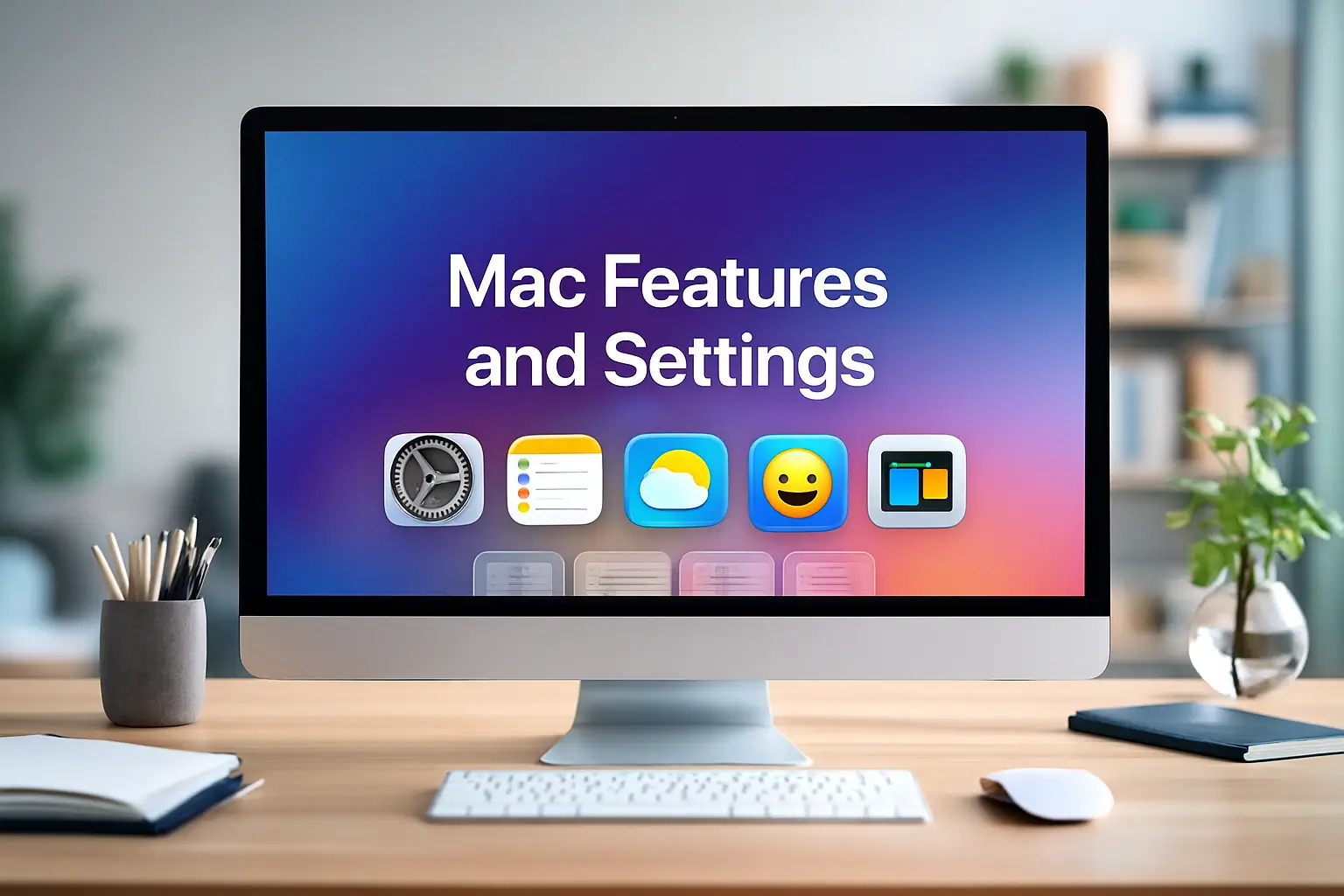 Mac Features and Settings displayed on an iMac screen with colorful system icons in a modern workspace.