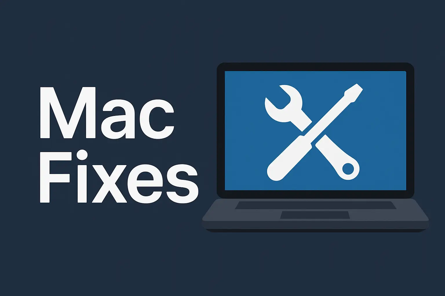the text ‘Mac Fixes’ beside a laptop icon displaying repair tools.