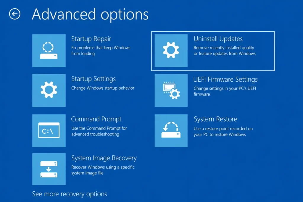 Windows Advanced Options screen showing Uninstall Updates recovery option