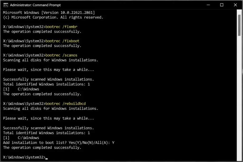 Windows Command Prompt running bootrec commands to repair boot files