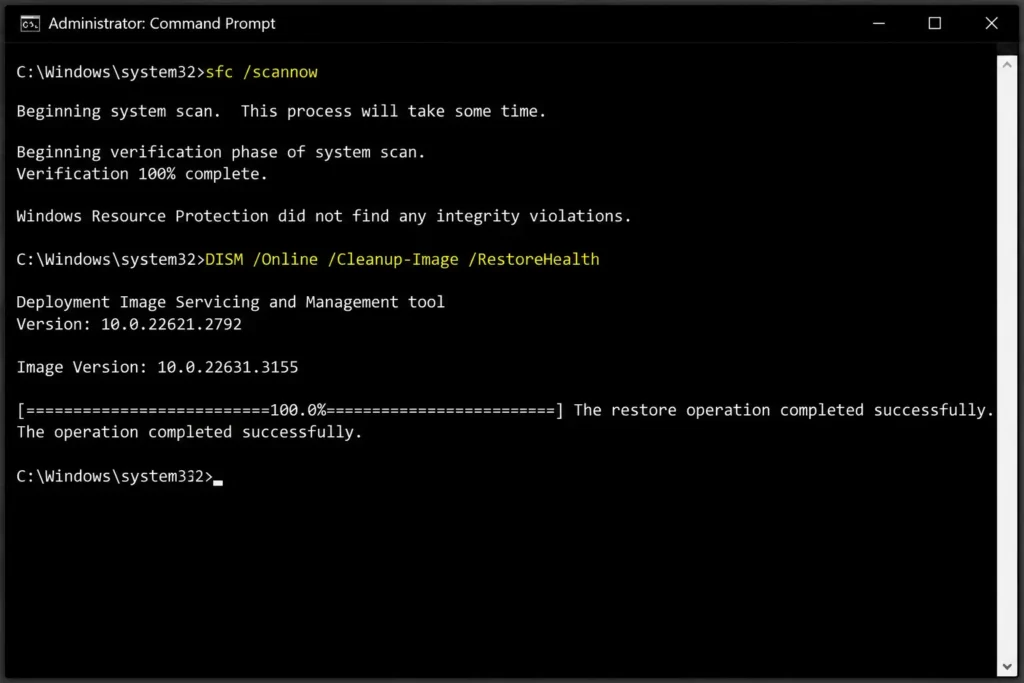 Windows Command Prompt running SFC and DISM repair commands