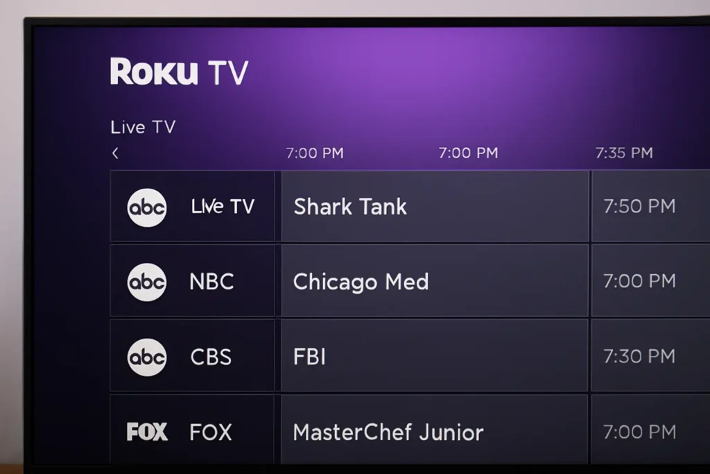 Horizontal featured image of Roku TV Guide showing live channel grid and colorful channel logos with a remote control