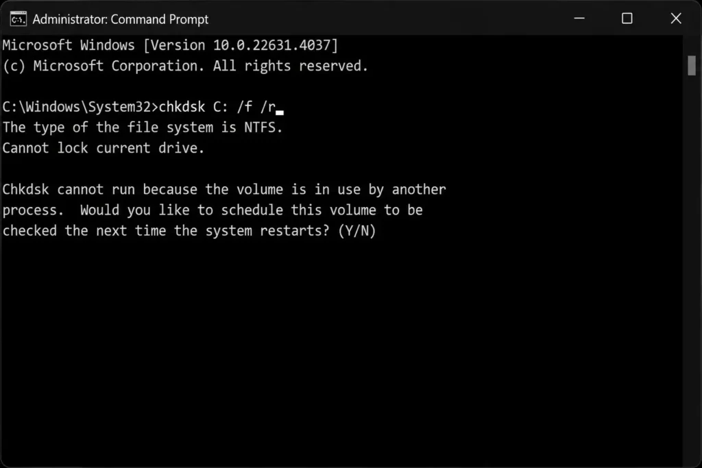 Windows Command Prompt running CHKDSK scan to repair SSD errors