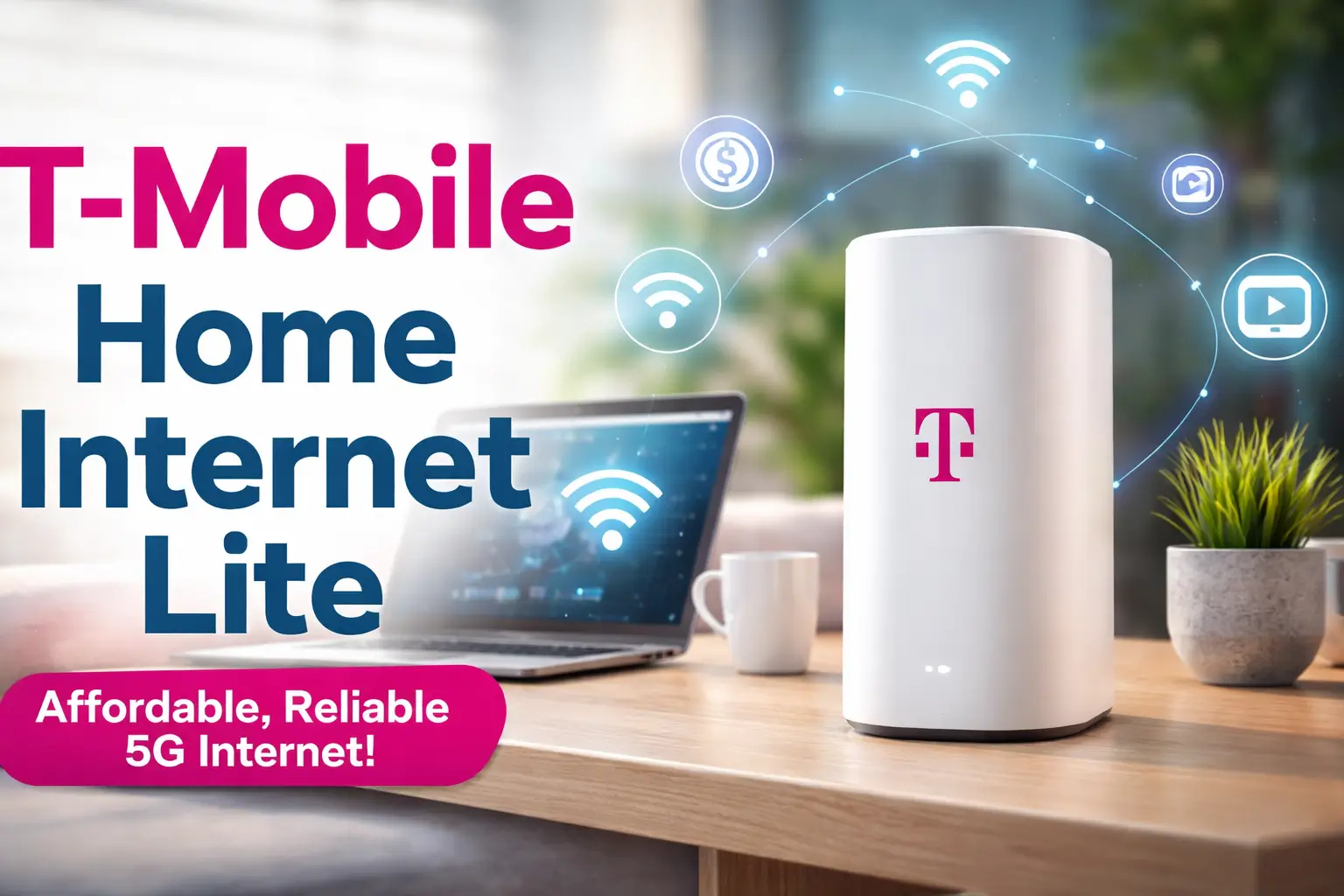 T-Mobile Home Internet Lite gateway on a desk near a window showing 5G signal, with notes on price, speeds, and coverage map.