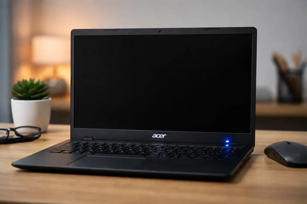 Acer laptop with a black screen and blue power light illuminated, placed on a wooden desk. A gray wireless mouse, a small potted succulent, and black-framed glasses are visible next to the laptop, with soft ambient lighting and a blurred background.