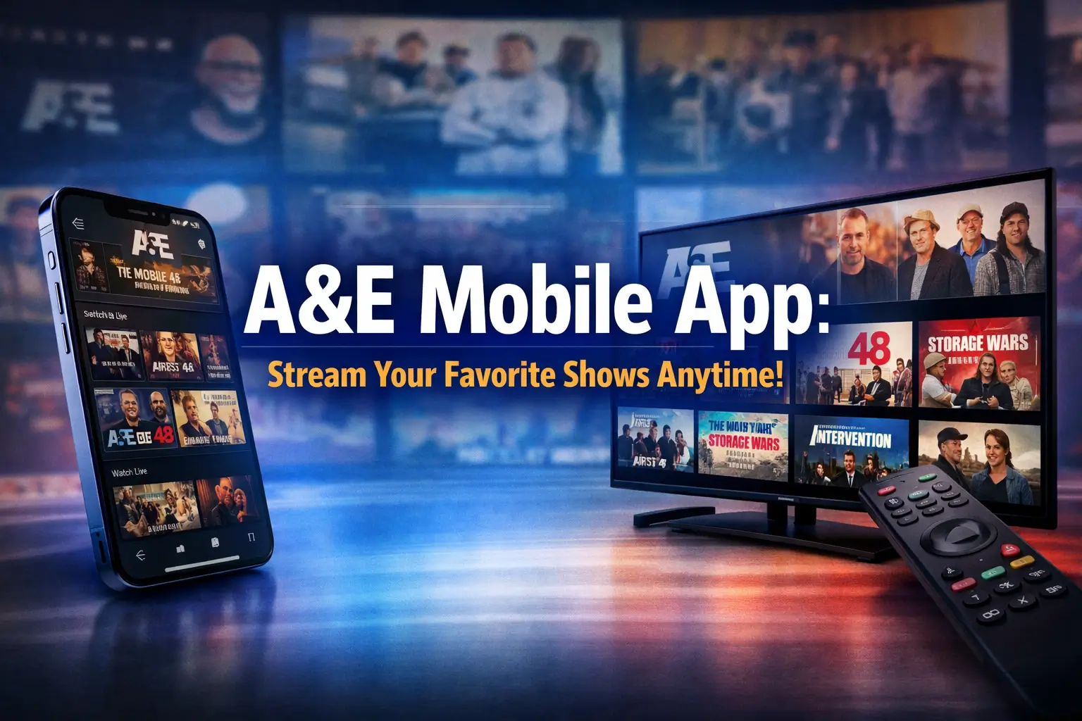 A&E Mobile App on iPhone and Samsung TV, featuring live shows, free streaming, and on-demand content for all A&E fans.