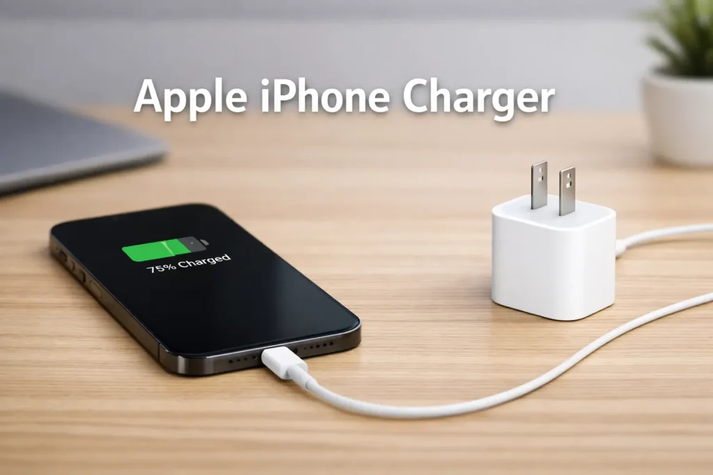 Apple iPhone charger with original cable connected to iPhone showing safe charging setup