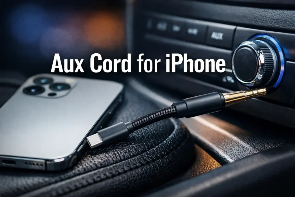Aux cord for iPhone providing clear, high-quality audio connection with car and home stereo systems.