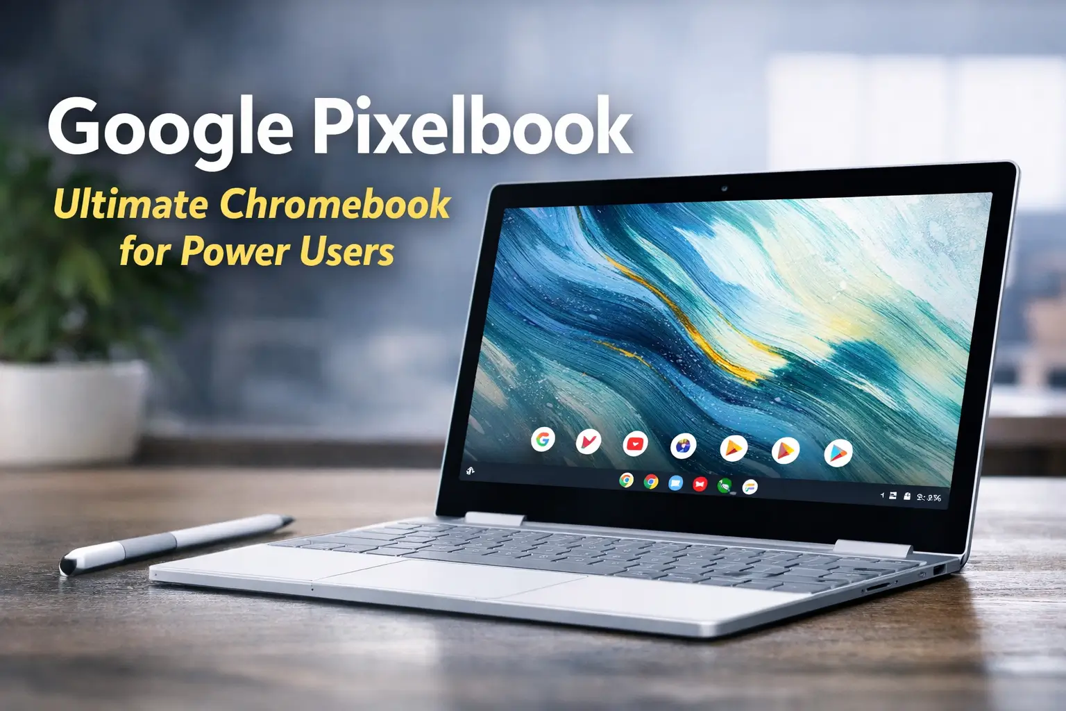 Google Pixelbook Chromebook on desk with a sleek design and vibrant display, perfect for work and play.