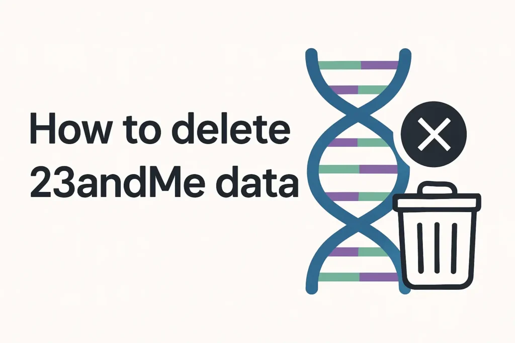 How to delete 23andMe data shown with DNA helix fading and account deletion screen representing genetic privacy control