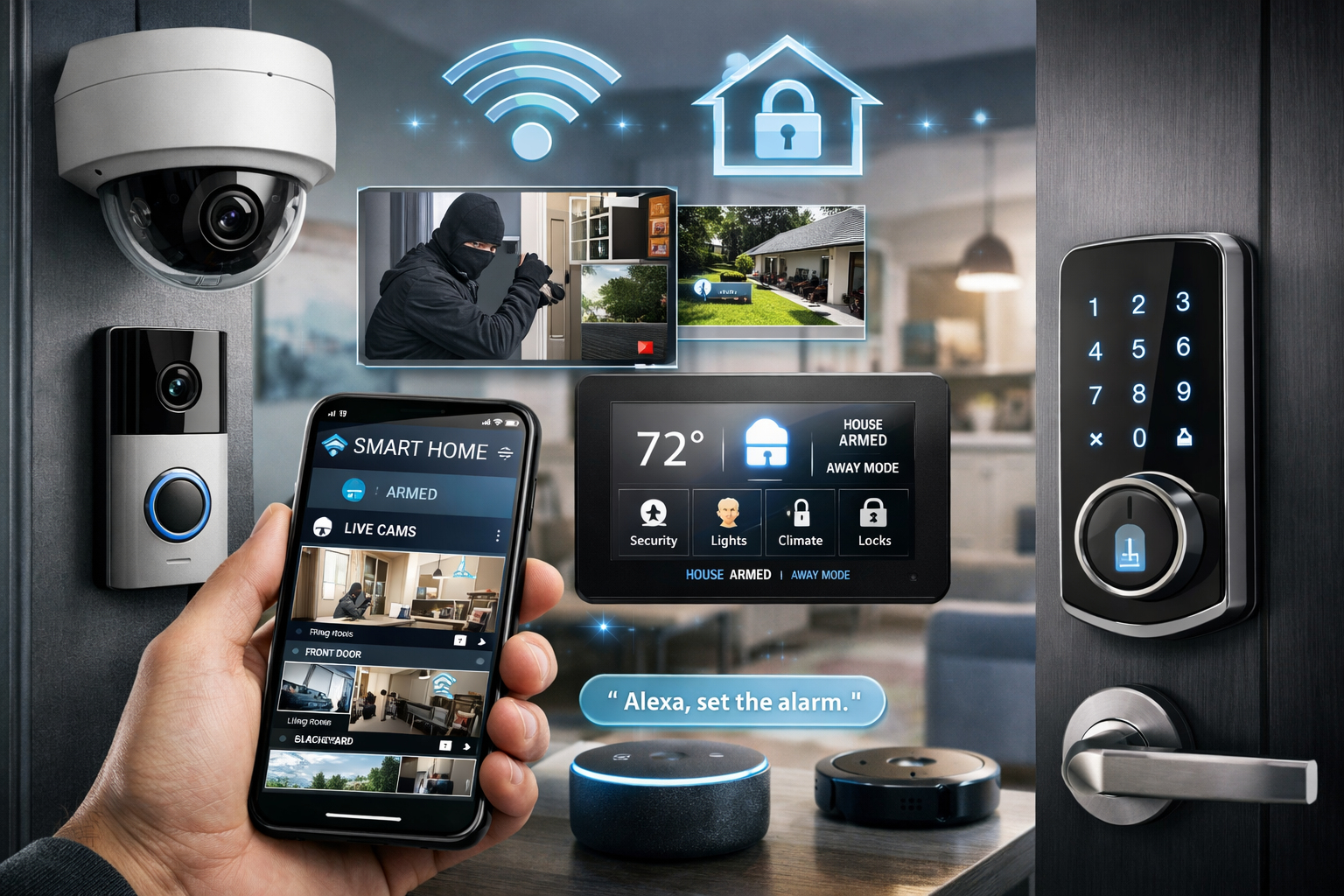 Smart home security technology with smart lock, video doorbell, CCTV camera, and mobile app control panel showing live monitoring and alarm settings.