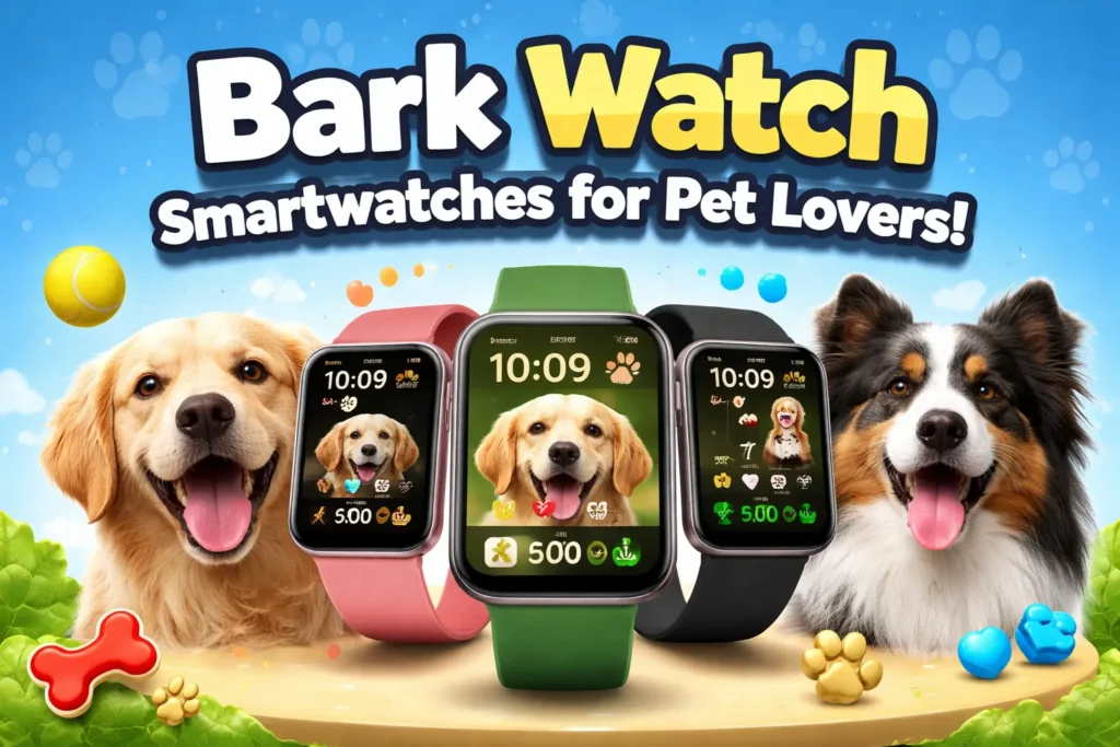 Bark Watch featured image with dog smartwatches and smiling pups here