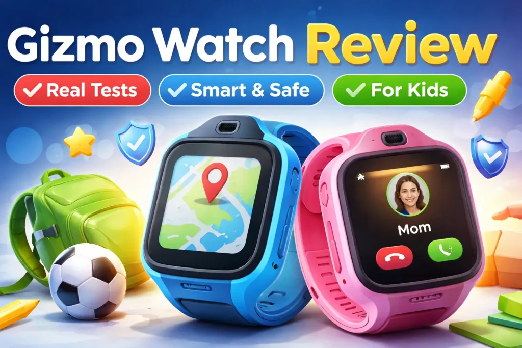 Gizmo Watch review featured image with kids GPS and calling screens UI