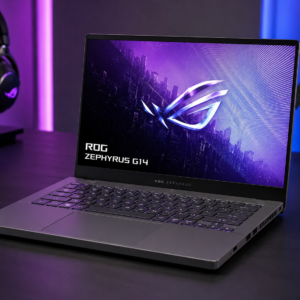 ASUS ROG Zephyrus G14 gaming laptop with RGB display and powerful RTX graphics on dark gaming setup