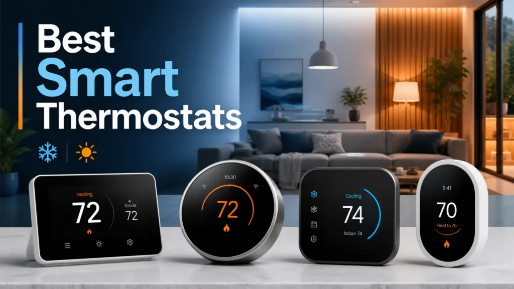 Best smart thermostats featured image showing modern Wi-Fi thermostat displays in a home with heating and cooling controls.