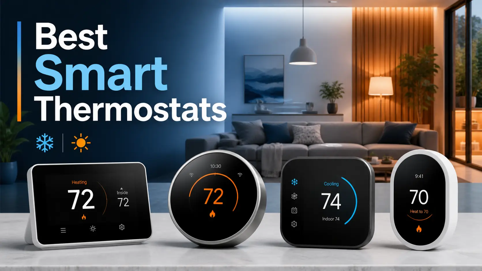 Best smart thermostats featured image showing modern Wi-Fi thermostat displays in a home with heating and cooling controls.