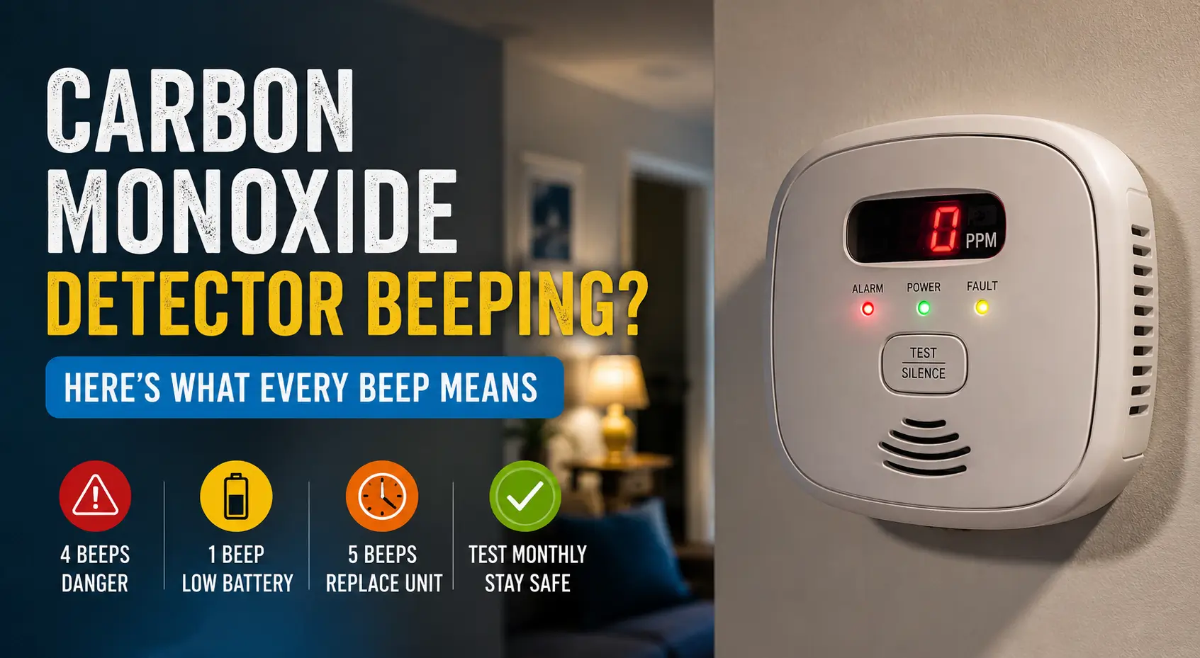 Carbon monoxide detector beeping with warning lights in a modern home hallway showing common alarm meanings and safety alerts.