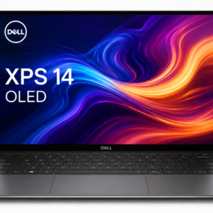 Dell XPS 14 OLED laptop with vibrant display and slim premium aluminum design on white background
