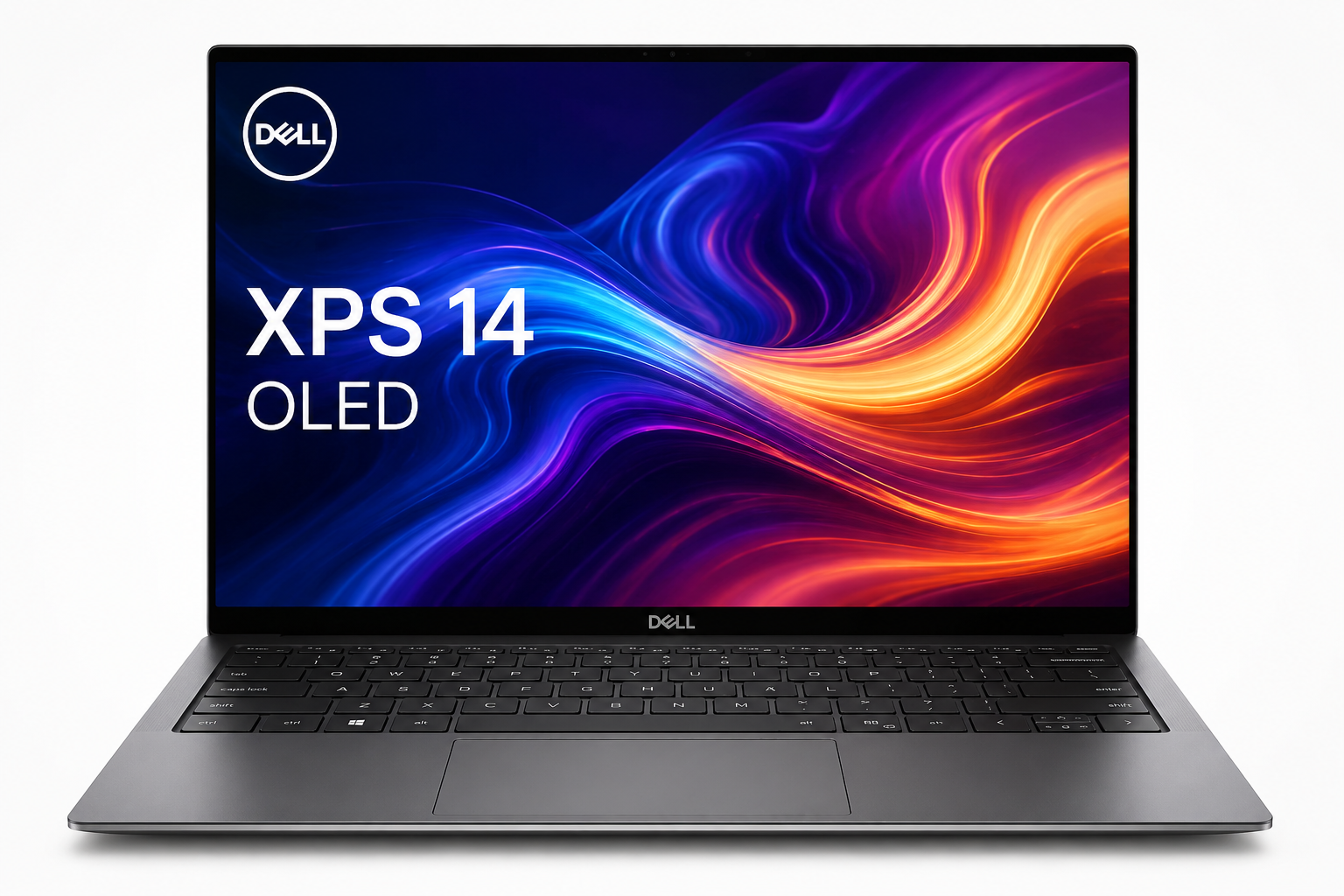 Dell XPS 14 OLED laptop with vibrant display and slim premium aluminum design on white background