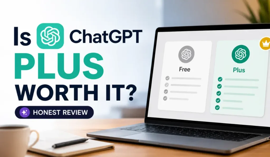 Modern horizontal featured image showing ChatGPT Plus comparison on a laptop with the text “Is ChatGPT Plus Worth It?” for an honest 2026 review.