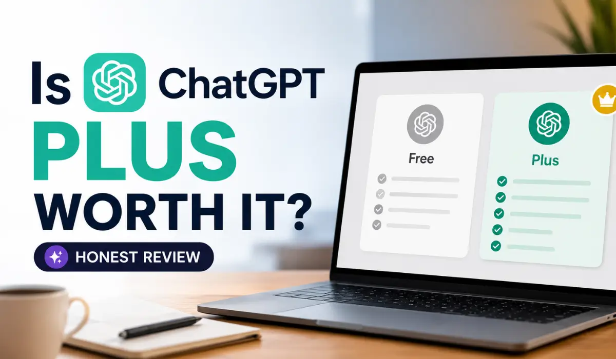Modern horizontal featured image showing ChatGPT Plus comparison on a laptop with the text “Is ChatGPT Plus Worth It?” for an honest 2026 review.