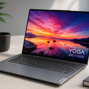 Lenovo Yoga Slim 7i OLED laptop with slim modern design and vibrant OLED display on a clean workspace desk