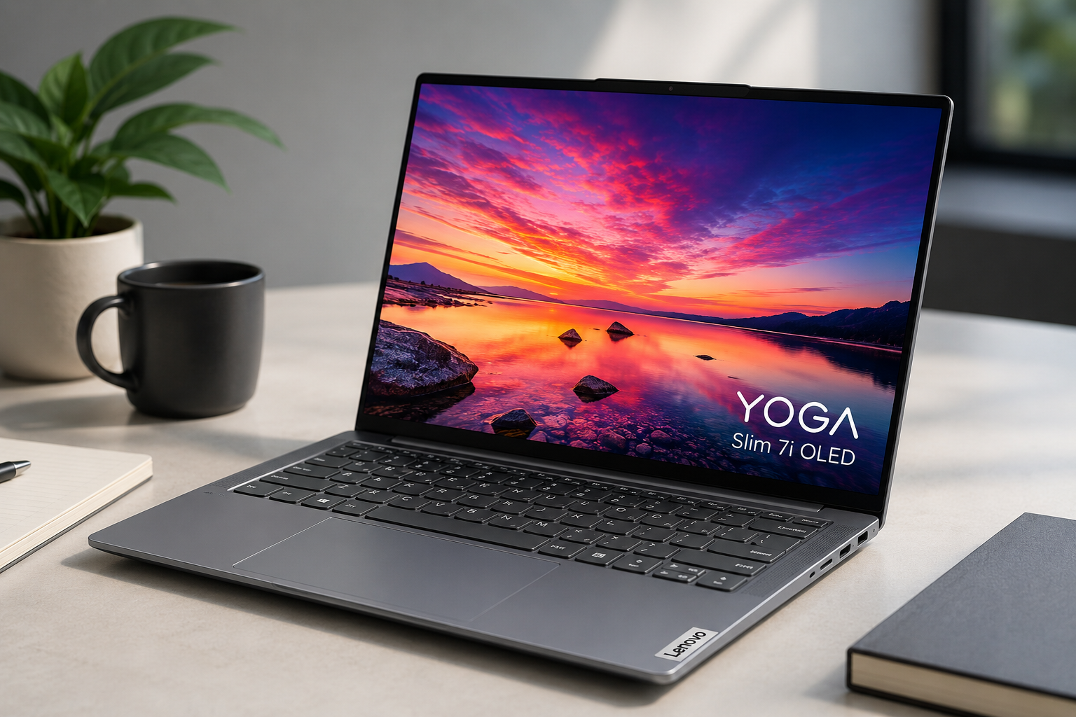 Lenovo Yoga Slim 7i OLED laptop with slim modern design and vibrant OLED display on a clean workspace desk