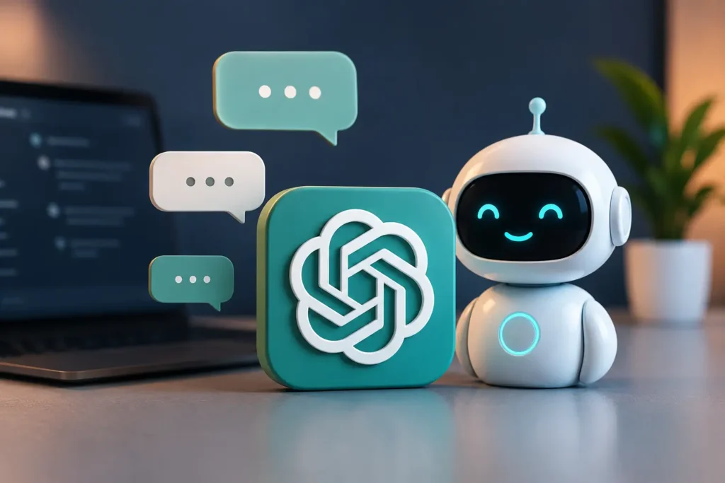 ChatGPT AI chatbot illustration with robot assistant and conversation bubbles on a modern desk setup showing What does chatgpt stand for