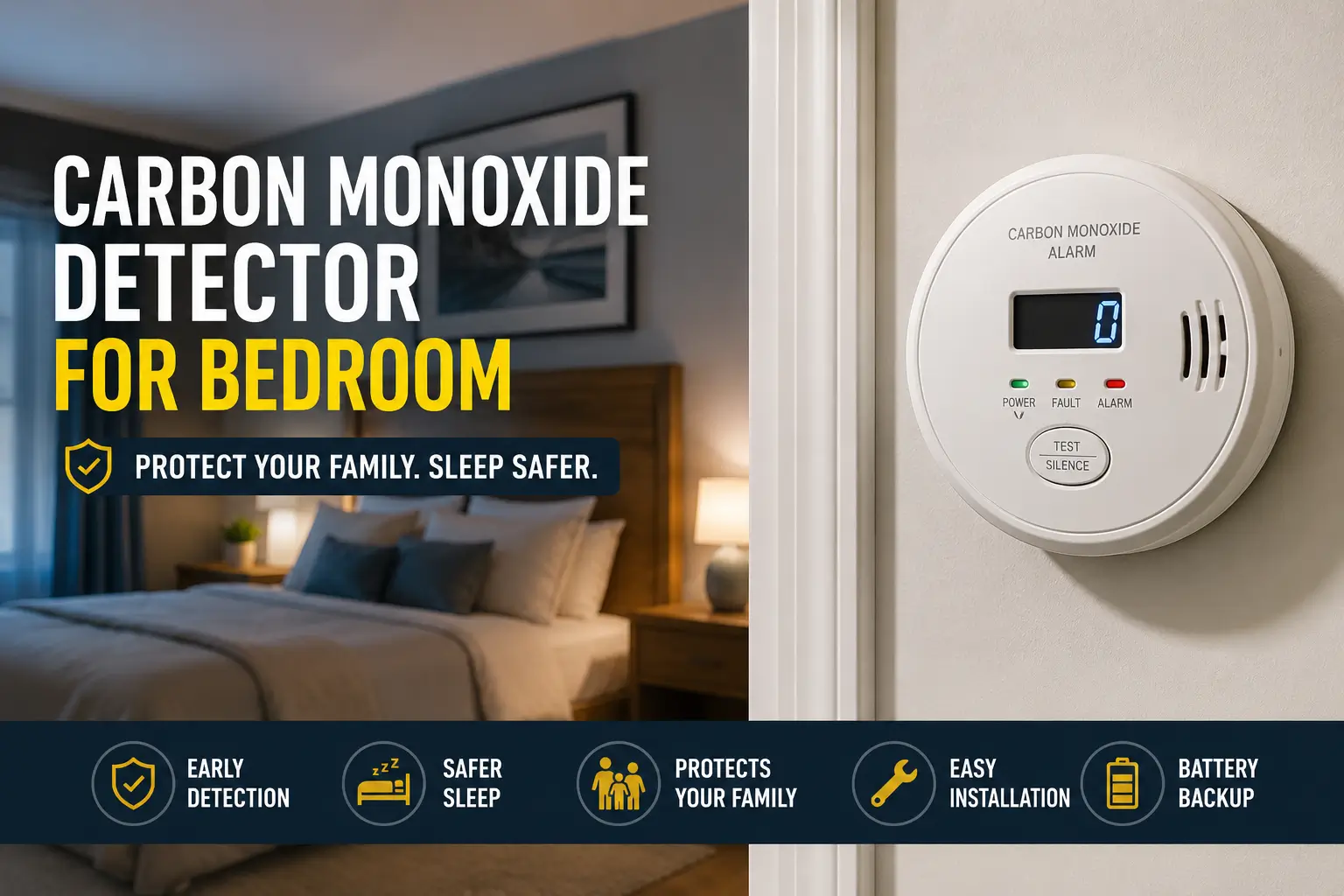 Carbon monoxide detector for bedroom installed near sleeping area for home safety protection
