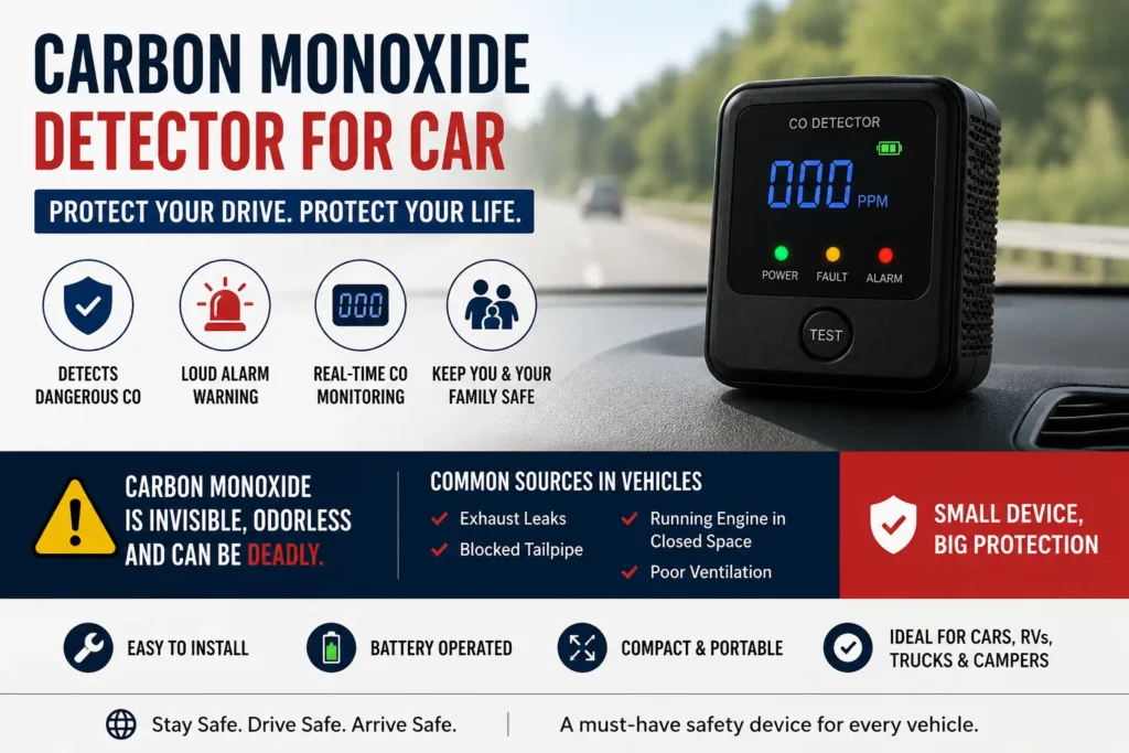 Carbon monoxide detector for car mounted on dashboard for vehicle safety