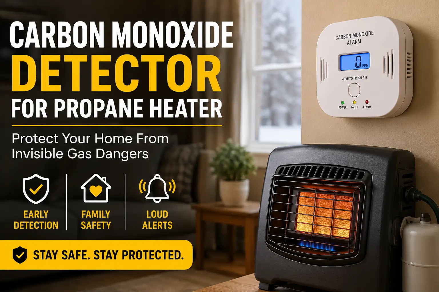 Carbon monoxide detector for propane heater installed in a cozy indoor living room for home safety protection