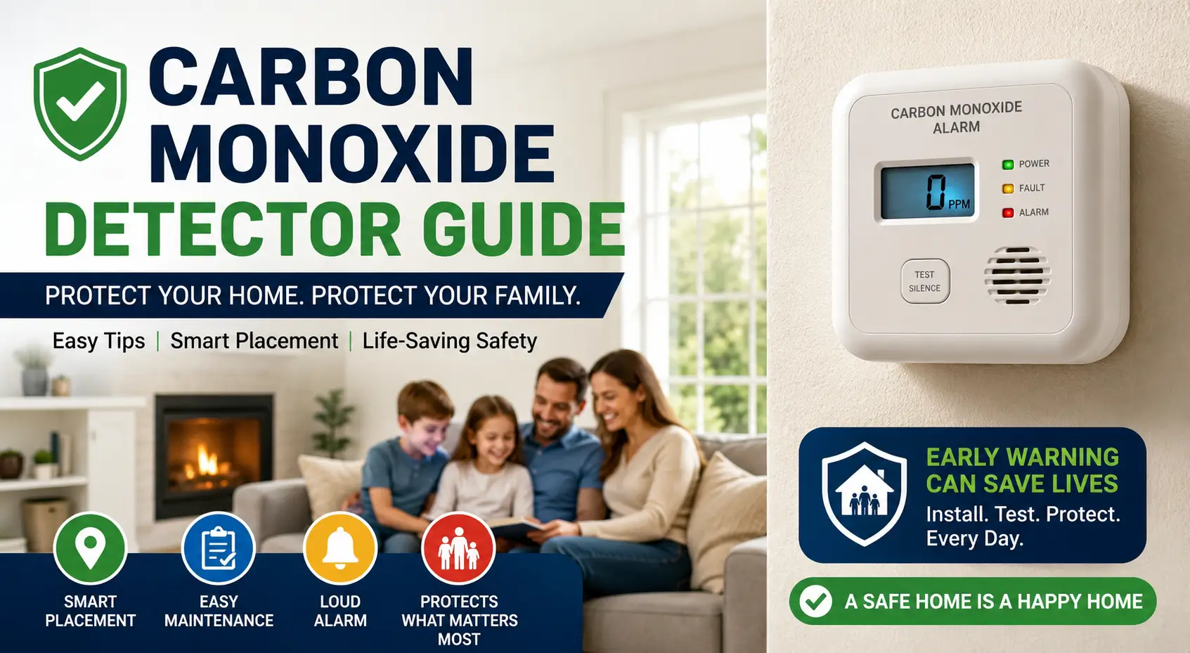 carbon monoxide detector guide showing safe CO detector placement inside a modern family home