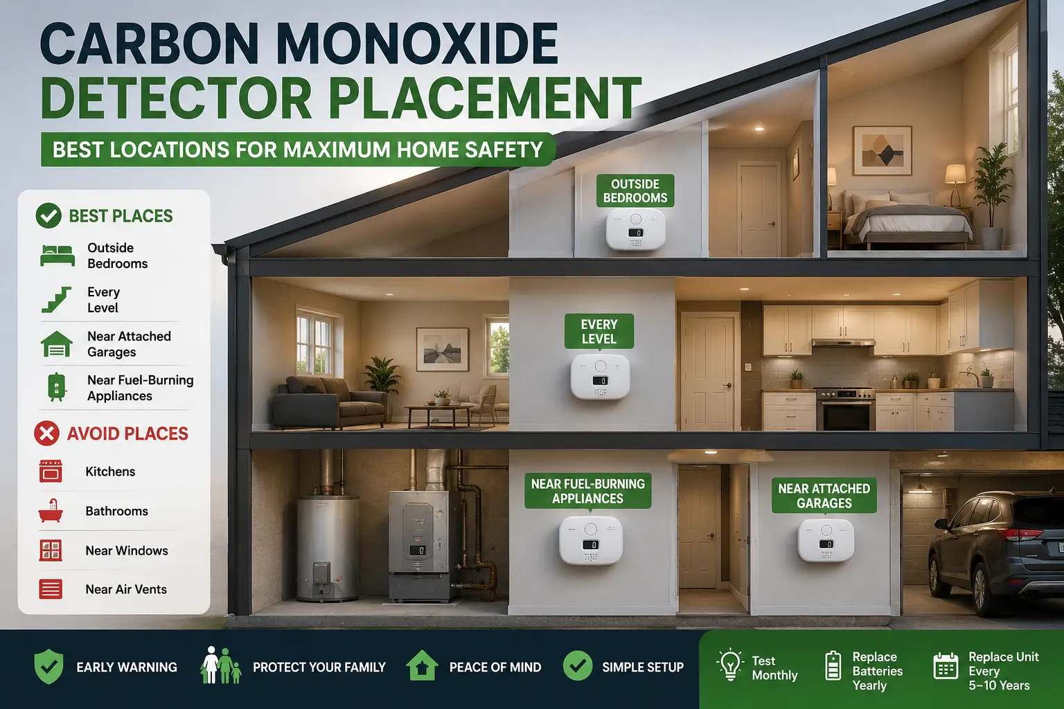 Carbon monoxide detector placement guide inside a home