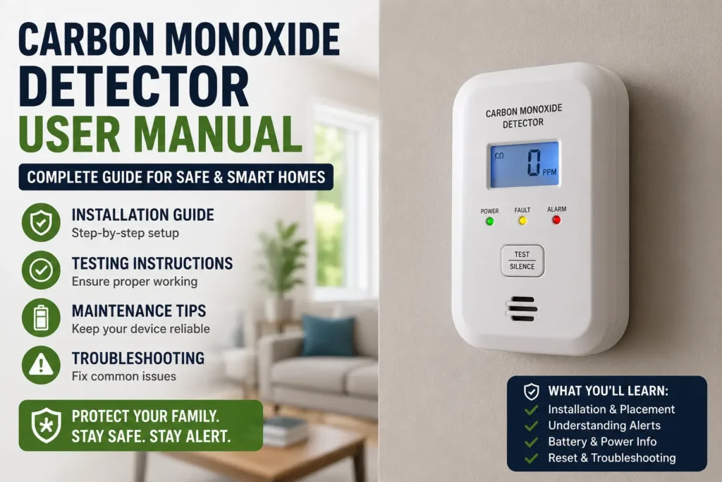 Carbon monoxide detector user manual infographic with home safety setup guide
