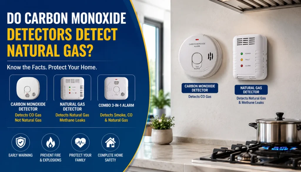 Do carbon monoxide detectors detect natural gas in house kitchen safety setup with natural gas detector and CO alarm installed near stove