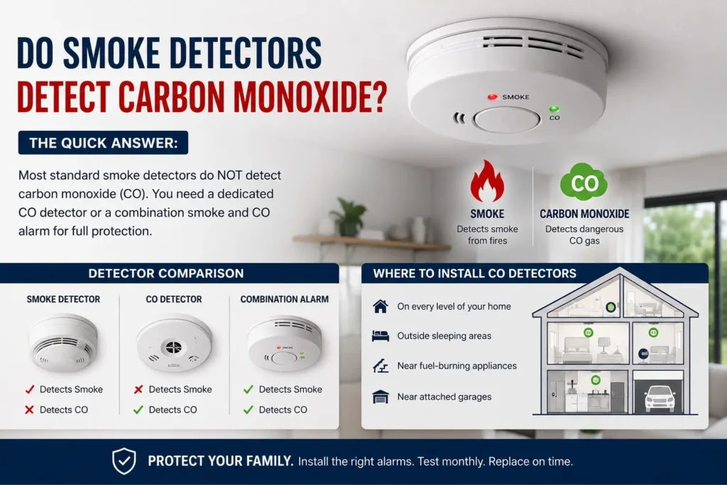 Do smoke detectors detect carbon monoxide infographic with smoke and CO alarm comparison