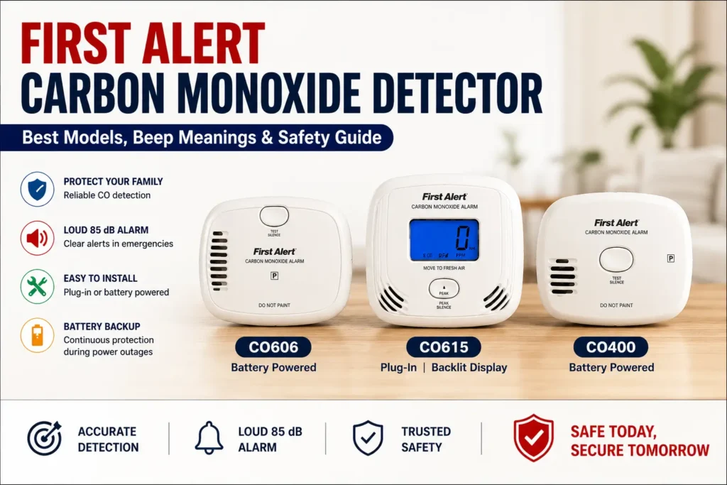 First Alert carbon monoxide detector models CO606, CO615, and CO400 displayed in a modern home safety setup